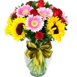 Florero de girasoles,rosas y gerberas